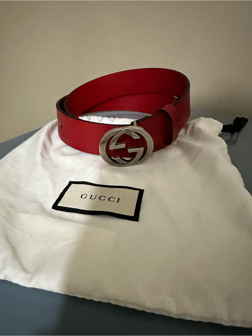 Gucci Red Leather Belt with Silver Interlocking G Buckle